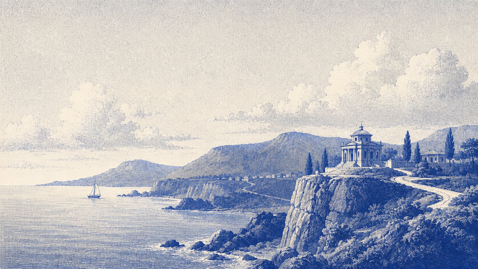Illustrated classical pavilion above a coastal cove.